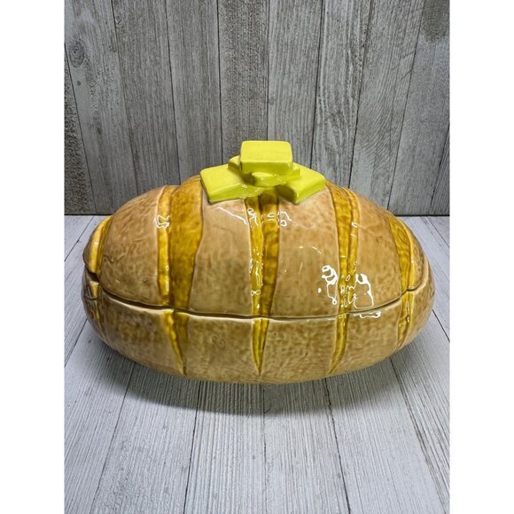 Vtg Bread Loaf Serving Dish Canister Cookie Jar Ceramic w/ Sliced Butter Handle